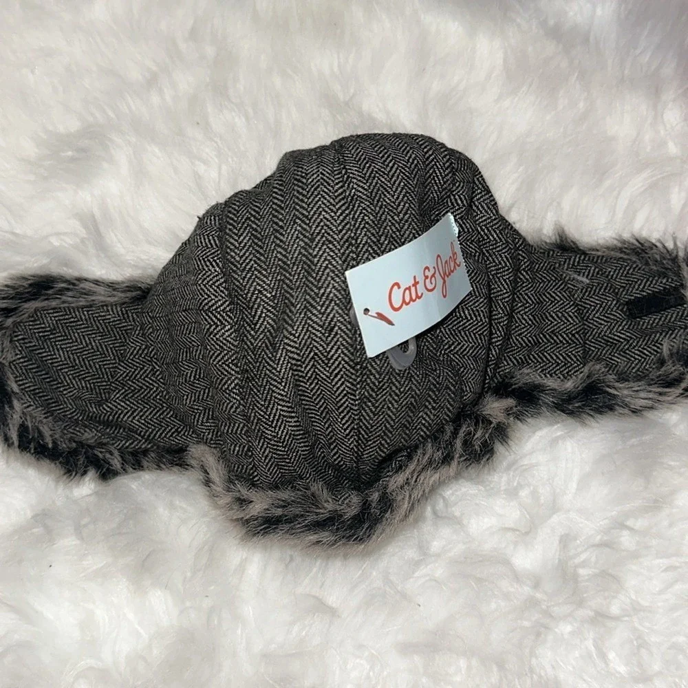 Cat & Jack Gray Herringbone Trapper Hat Faux Fur Ear Flaps OSFM GNFB1953TG